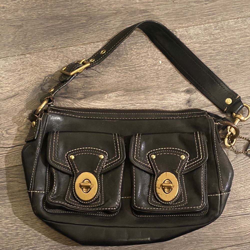 Coach Black Leather Shoulder Bag with Front Turn-Lock Pockets